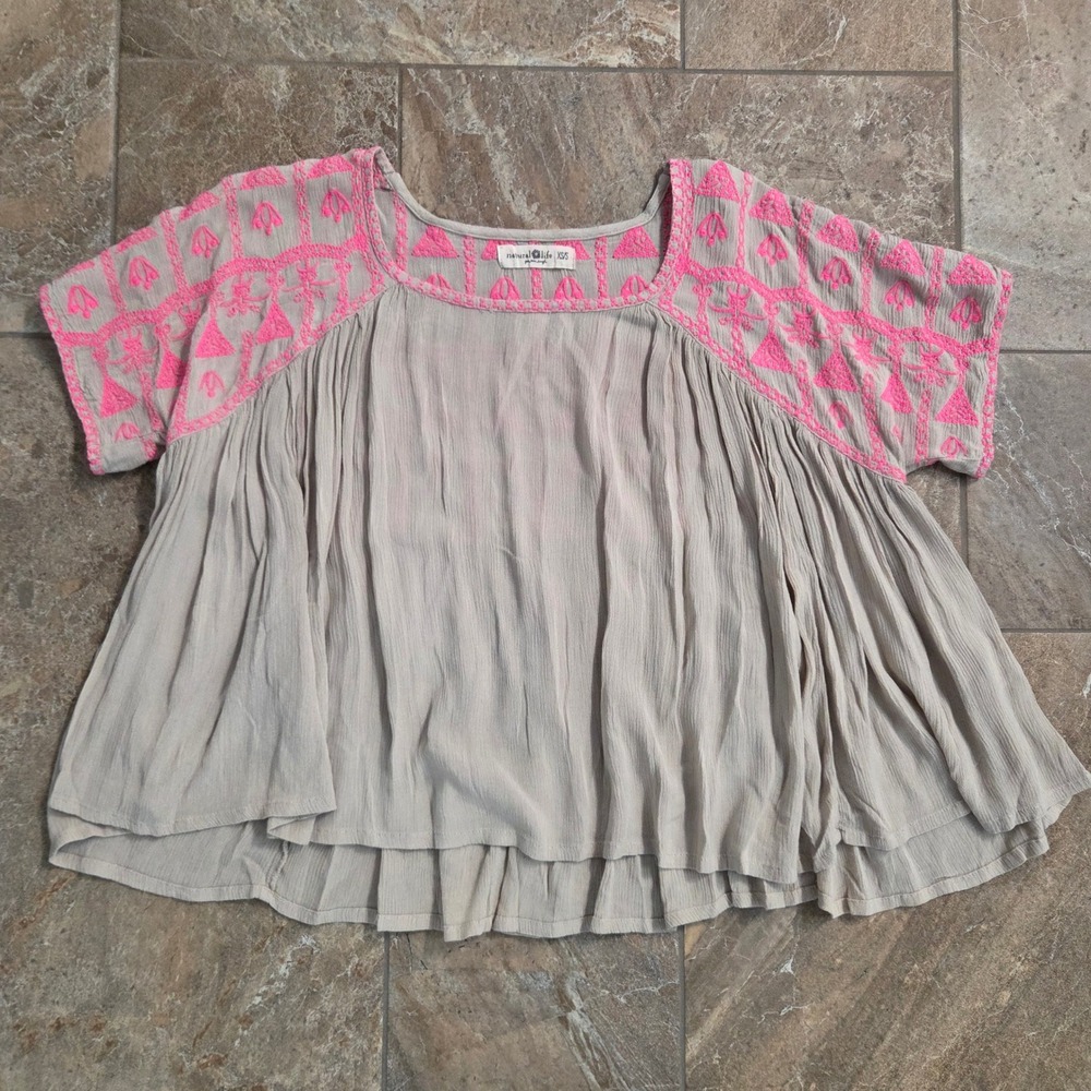 Natural Life Boho Embroidered Babydoll Top Neon Pink Taupe XS/S Flowy Blouse
